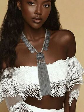 Boho Oxidized Silver Tribal Statement Necklace | Tassel Coin Fringe